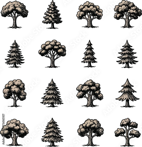 A collection of sixteen different tree illustrations, featuring a variety of shapes and styles, including deciduous and coniferous types, arranged in a grid.