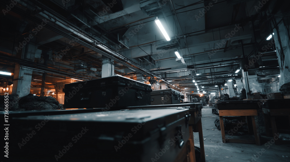 Fototapeta premium Industrial dark room in the building, ammunition boxes, dirty, deserted and ownerless
