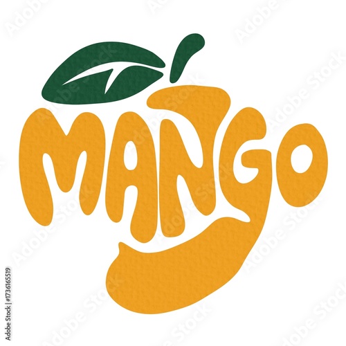 Fresh mango fruit typography sign. Hand drawn mango word lettering for logo, label, badge, emblem. Glossy colorful sticker. Vector illustration.