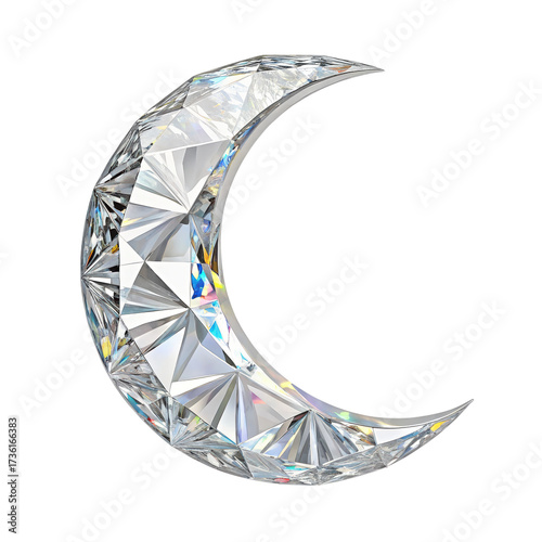 A mesmerizing diamond crescent moon shines brightly, isolated on transparent background, radiating elegance and celestial charm in its exquisite design