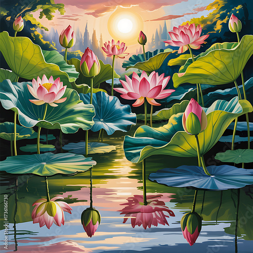 Serene lotus pond at sunrise with blooming pink and white flowers reflections