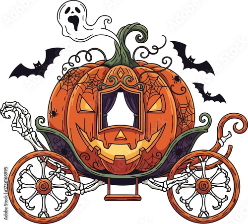 Spooky halloween pumpkin carriage with ghost and bats design
