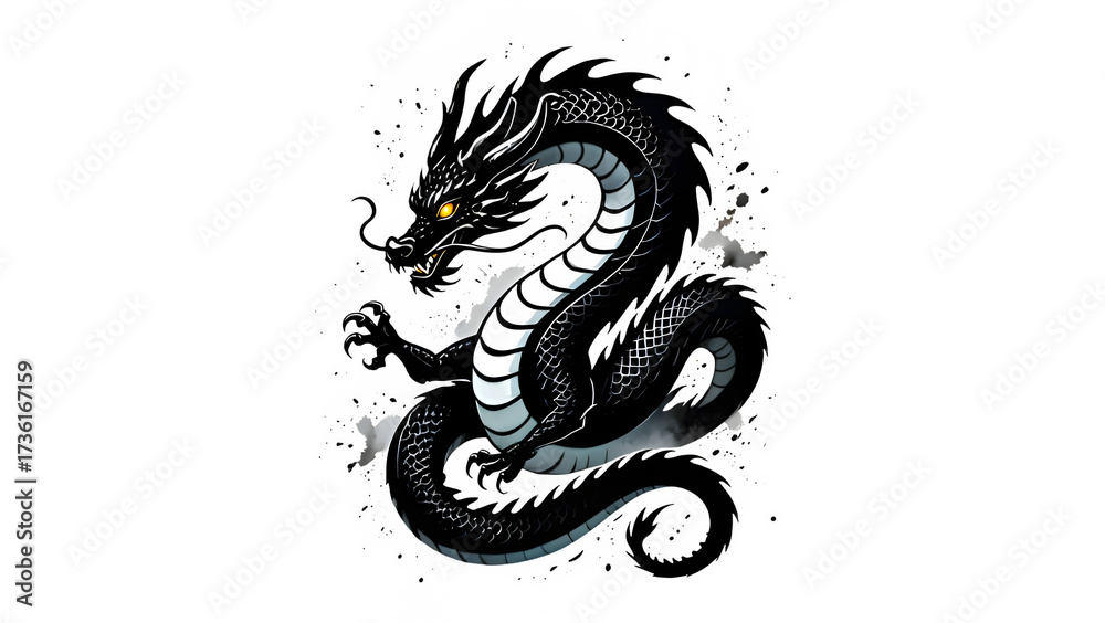 Obraz premium Detailed illustration of a mythical dragon with glowing eyes isolated on black background isolated on white background isolated on transparent background