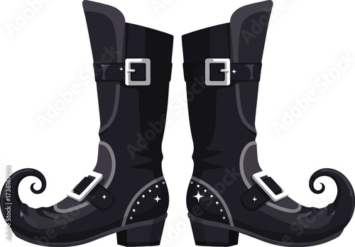 Pair of black witch boots with buckles on a white background
