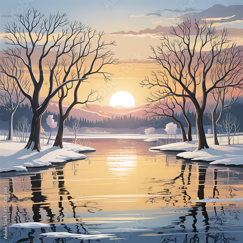 Serene winter morning sunrise reflecting on a calm frozen river amidst leafless trees