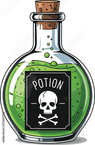 Cartoon potion bottle with skull and crossbones illustration