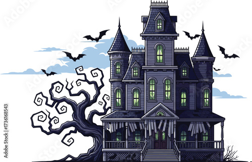 Spooky haunted house with bats flying under the full moon