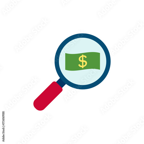 Symbol of money under the magnifier. Money search icon. Dollar sign and magnifying glass. Vector illustration.