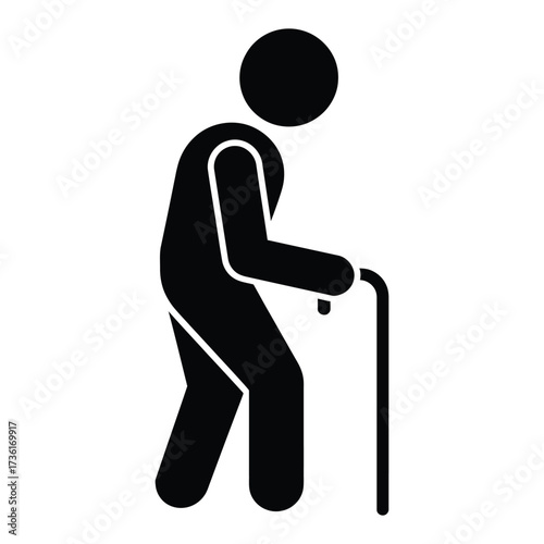 Stylized silhouette icon of an elderly person leaning on a cane for support