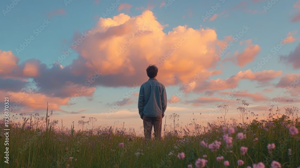 Fototapeta premium A person stands in a beautiful field, observing pink clouds in the sky. Nature brings a sense of peace and calm to the mind and soul.