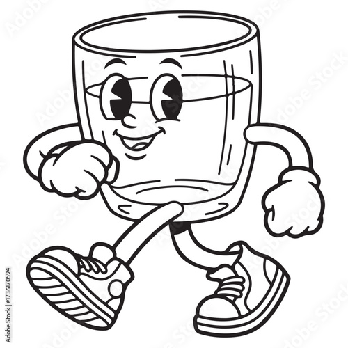 Black and white outline of a happy, retro cartoon glass of water mascot wearing sneakers and walking. Vintage hydration character for coloring pages or health campaigns.