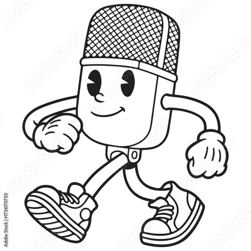 Black and white outline of a happy, retro cartoon microphone mascot wearing sneakers and walking. Vintage style broadcasting character for coloring pages, music, or podcast designs.
