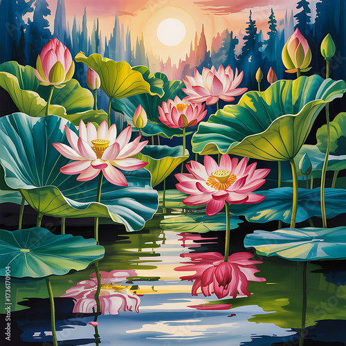 Serene lotus pond blooming pink and white flowers reflecting sunlight at sunrise forest