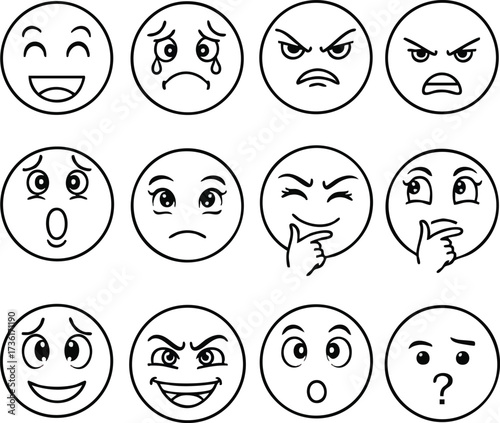 A collection of twelve distinct emoji faces illustrating a wide range of human emotions and expressions, from joy and sadness to anger and contemplation.