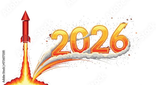 Rocket launching towards the year 2026 with smoke trails