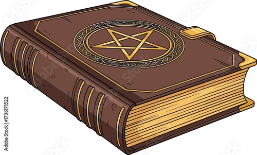 Illustrated spellbook with pentagram symbol on brown cover