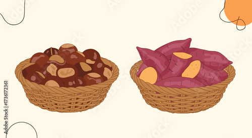 Two woven baskets filled with roasted chestnuts and purple sweet potatoes. 