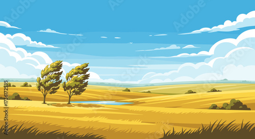 A vast golden prairie stretches under a clear blue sky with fluffy white clouds.
