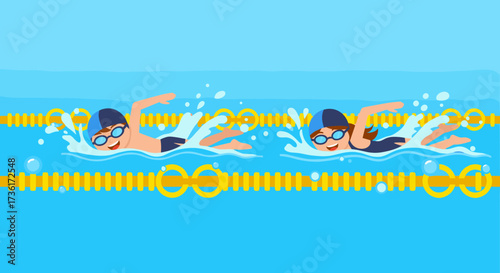 Two children swimming side by side in a pool with lane markers.