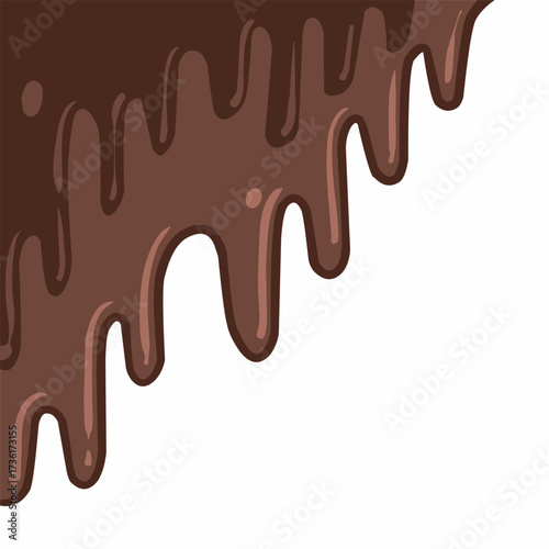 Chocolate drip background, choco melting corner, hot cocoa flow, sweet dessert vector, milk drop illustration, brown liquid wave, melting chocolate cartoon,