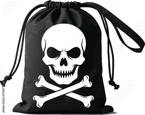 Black drawstring bag featuring a skull and crossbones design