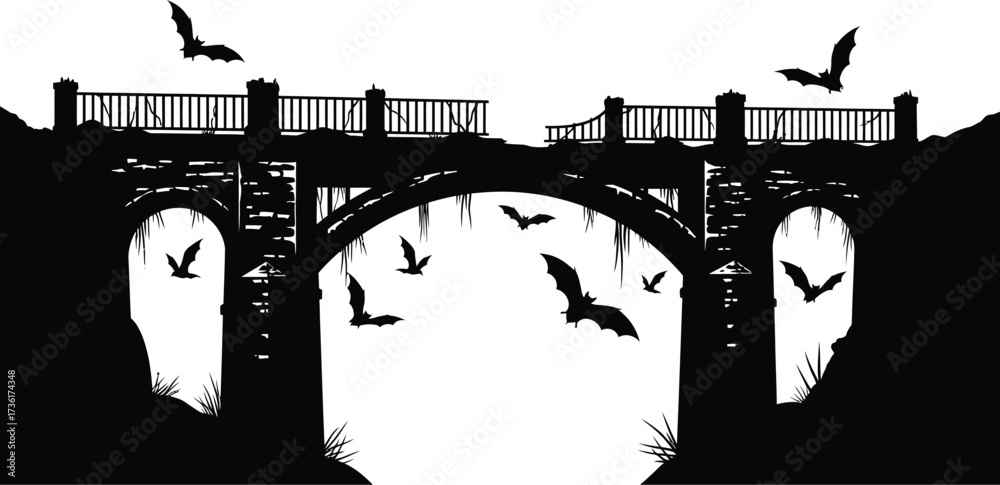 Naklejka premium Silhouette of bats flying over an old broken bridge