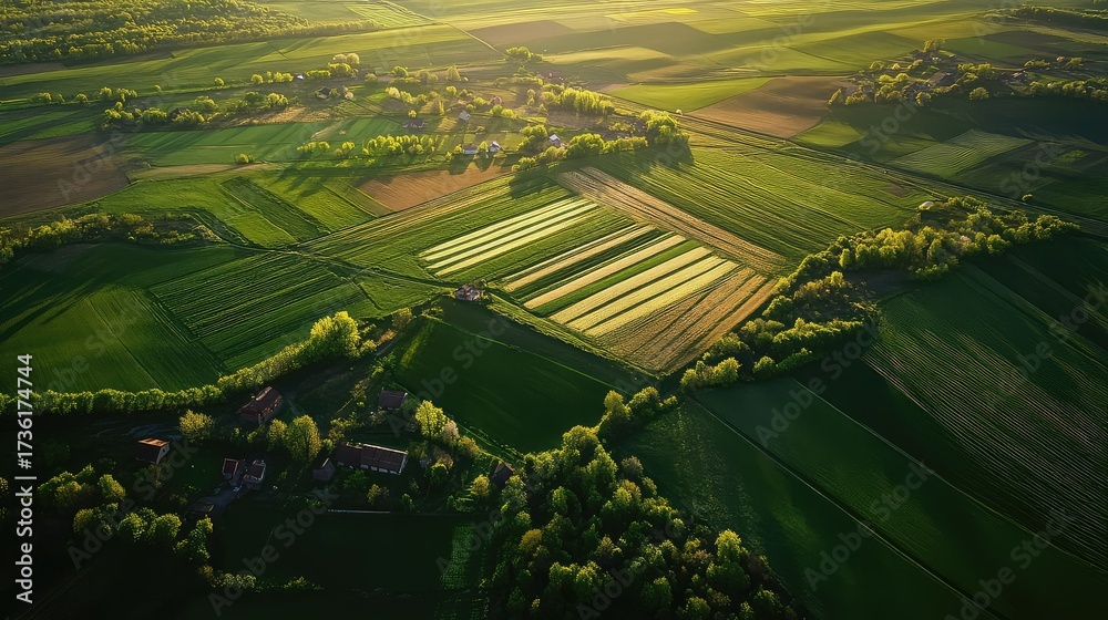 Fototapeta premium Aerial view presenting vast agricultural fields and green trees