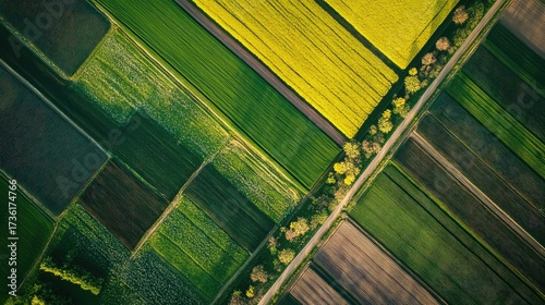 Aerial view of agricultural fields creating patchwork pattern