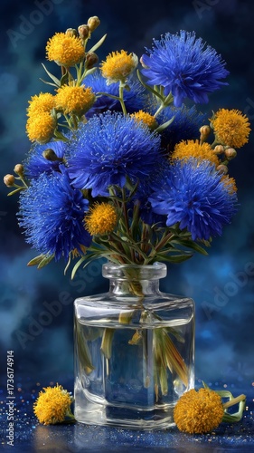 Vibrant Bouquet of Blue and Yellow Flowers in Clear Glass Bottle Against Dark Background