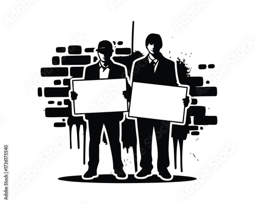 Black and White Vector of Activists Standing in Unity with Large Blank Protest Boards and Megaphone for Street March Concept