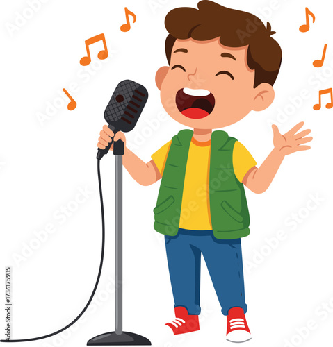 Cartoon child singing on stage, microphone performance illustration, happy kid concert artwork, music talent show drawing, expressive singing character, joyful children entertainment clipart design