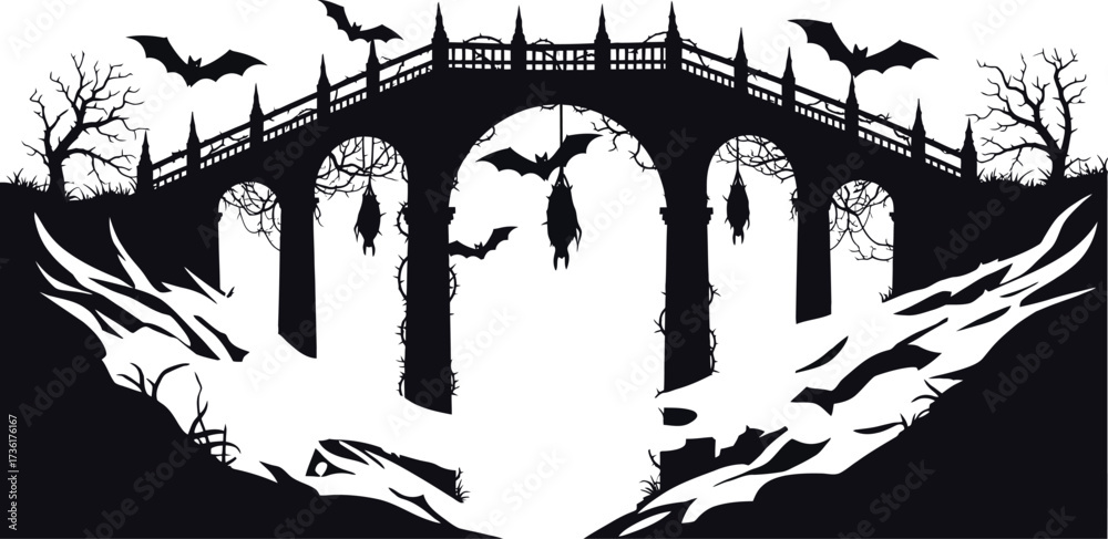 Naklejka premium Spooky bridge silhouette with bats flying in the moonlight