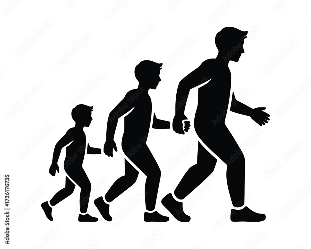 Obraz premium Age Progression Timeline: Walking Figures Showing Developmental Stages from Youth to Adulthood Editable Vector Silhouette Art