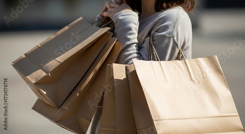 Young person carries several full brown paper shopping bags close after shopping.