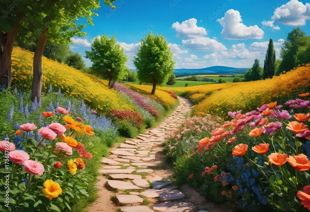 Obraz premium Stone Path Winding Through Colorful Wildflower Meadow Under a Bright Blue Sky