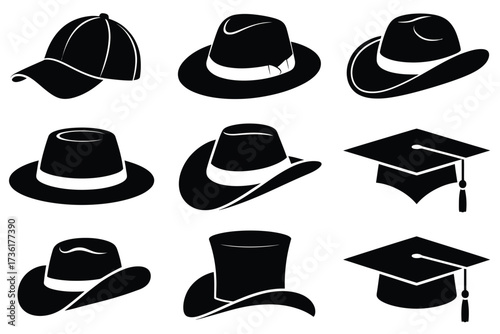 Collection of Hats and Graduation Caps Silhouettes - A Versatile Vector Graphic