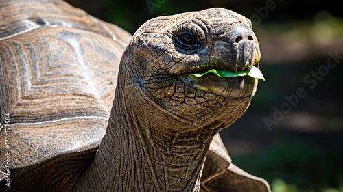 A venerable giant tortoise with weathered skin and an ancient gaze enjoys a fresh green leaf, its detailed portrait highlighting the serene beauty and longevity of wildlife in its natural habitat