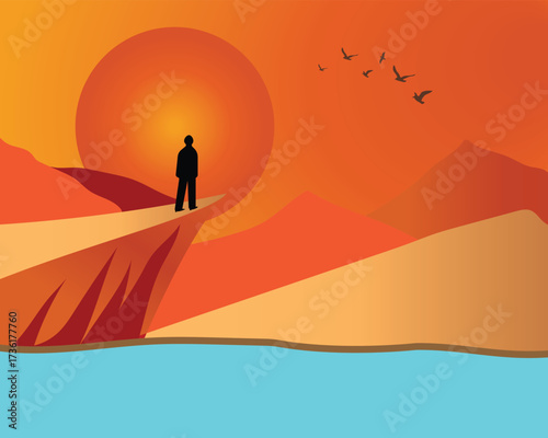 A man stands on the mountain. River flows under the mountain. Mountain landscape with sunrise or sunset. Glacier under mountain. Poster, banner of hill area. Vector illustration of nature.