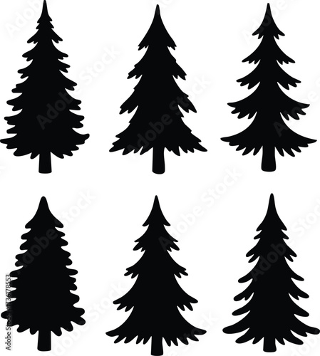 Six distinct black silhouettes of evergreen coniferous trees, showcasing their conical shapes and layered branches against a white background.