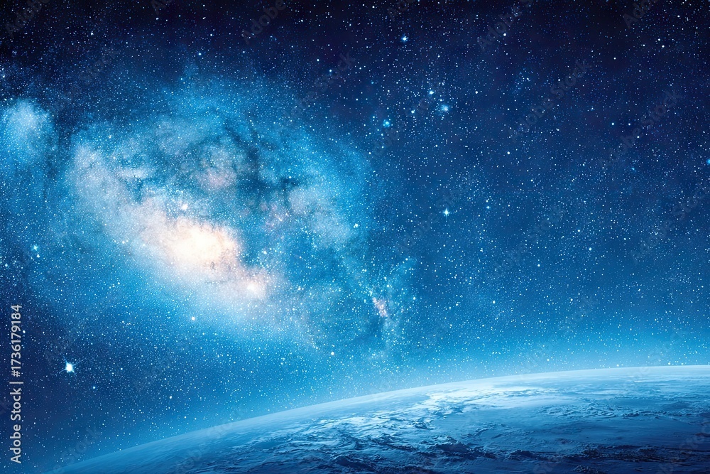 Fototapeta premium Bright galaxy arcs over a planet's horizon in dark blue space