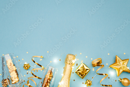 Christmas background with golden decoration on color background, space for text
