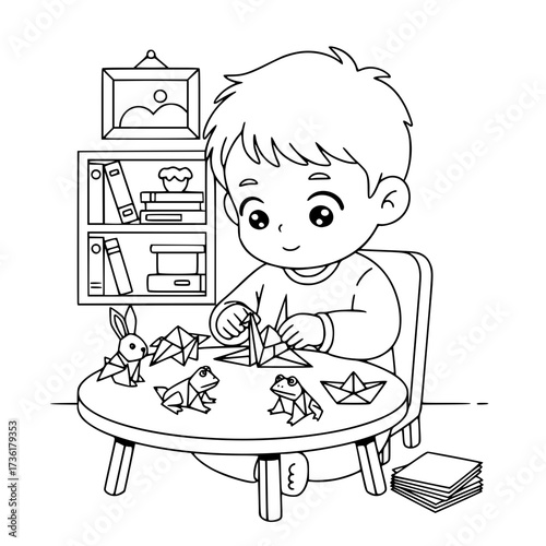 Boy folding paper origami table outline illustration