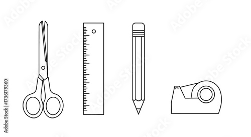 Set of stationery icons scissors, ruler, pencil, and tape dispenser, isolated on white background