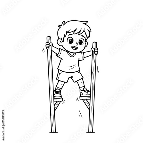 Boy playing traditional egrang Indonesian game outline illustration