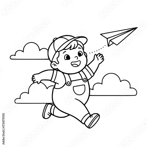 Boy flying paper airplane outdoor outline illustration