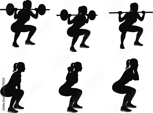 Woman doing squats, female fitness workout, barbell squat exercise, strength training routine, gym silhouette, healthy lifestyle, bodybuilding motivation, athletic training