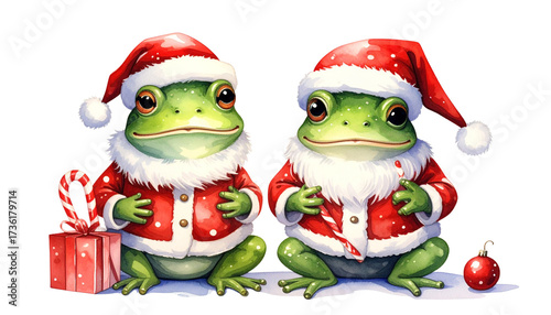 Festive frog wearing Santa costume dual variation set isolated on transparent background