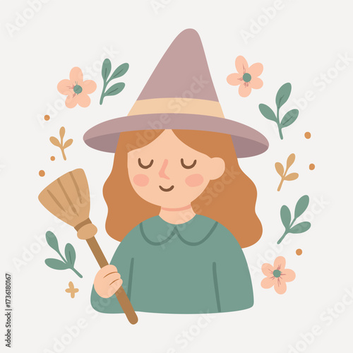 Cute witch girl illustration with broom and floral elements in pastel colors