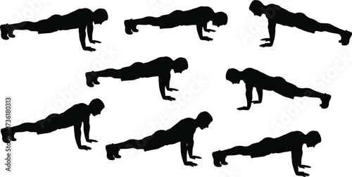 Man doing push ups, fitness workout exercise, body strength training, gym silhouette, core workout routine, bodybuilding motivation, healthy lifestyle, physical activity