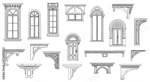 Architectural Elements Vector Icons Classic Windows, Doors, and Brackets